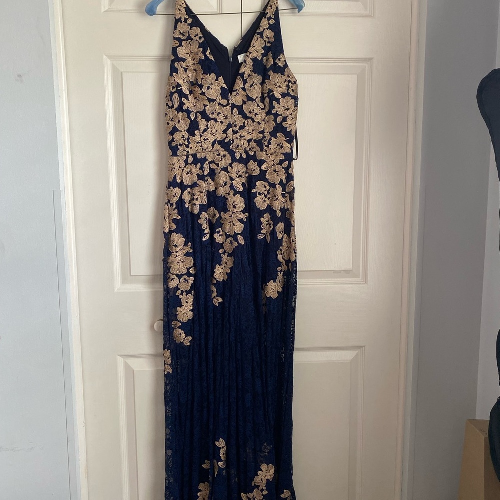 Xscape Navy and Gold Floral Maxi Dress